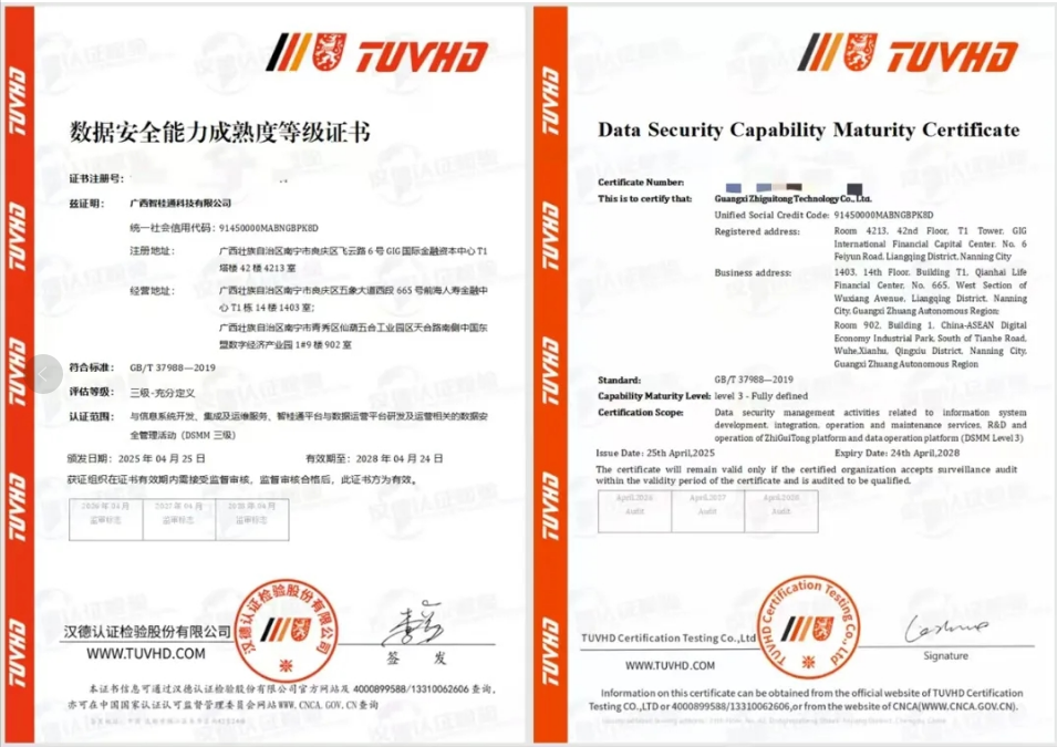 智桂通公司获得数据安全管理能力成熟度（DSMM）三级认证资质数据管理能力获得认可
